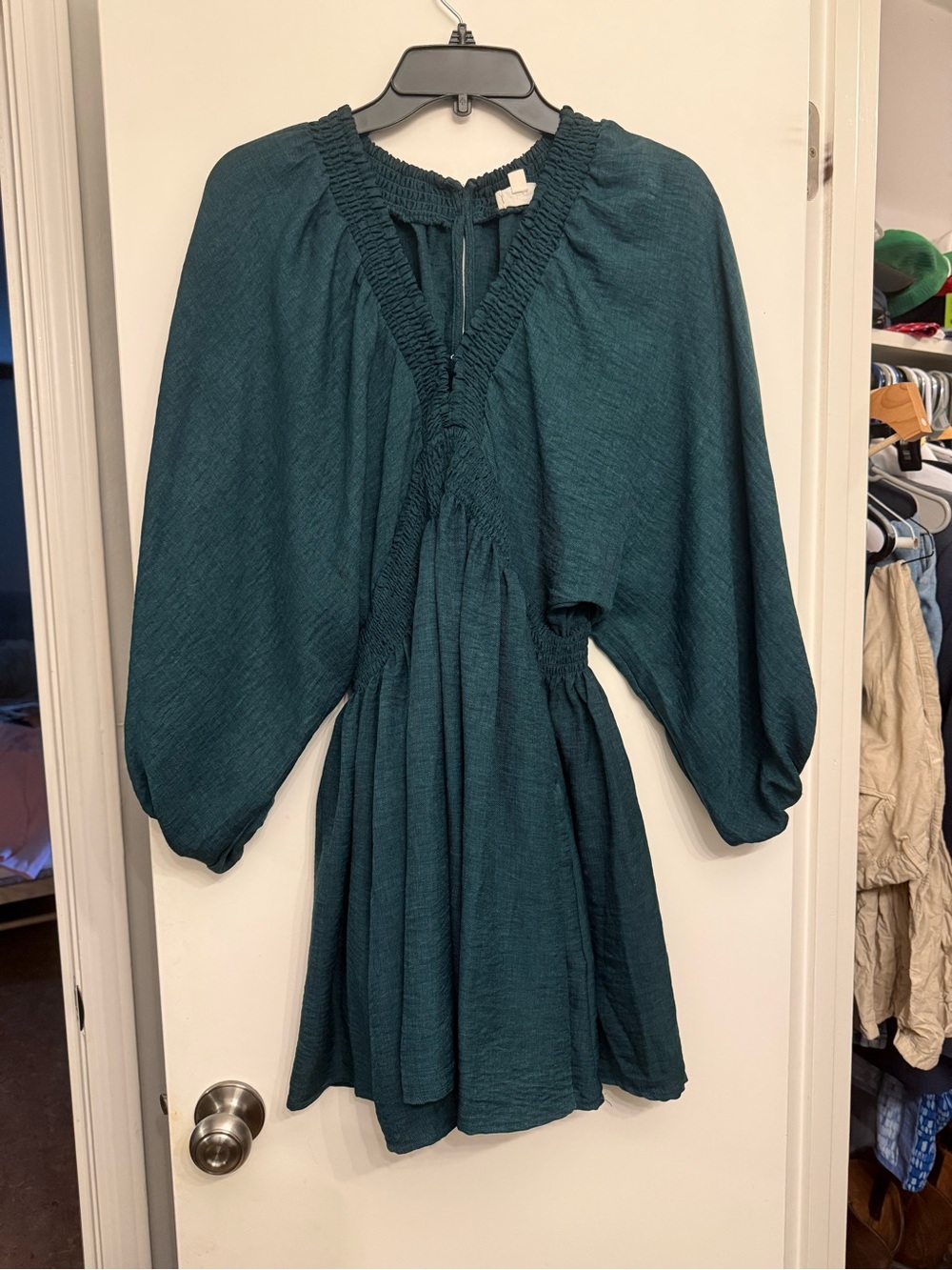 Teal Romper with Smocked Neck and Balloon Sleeves